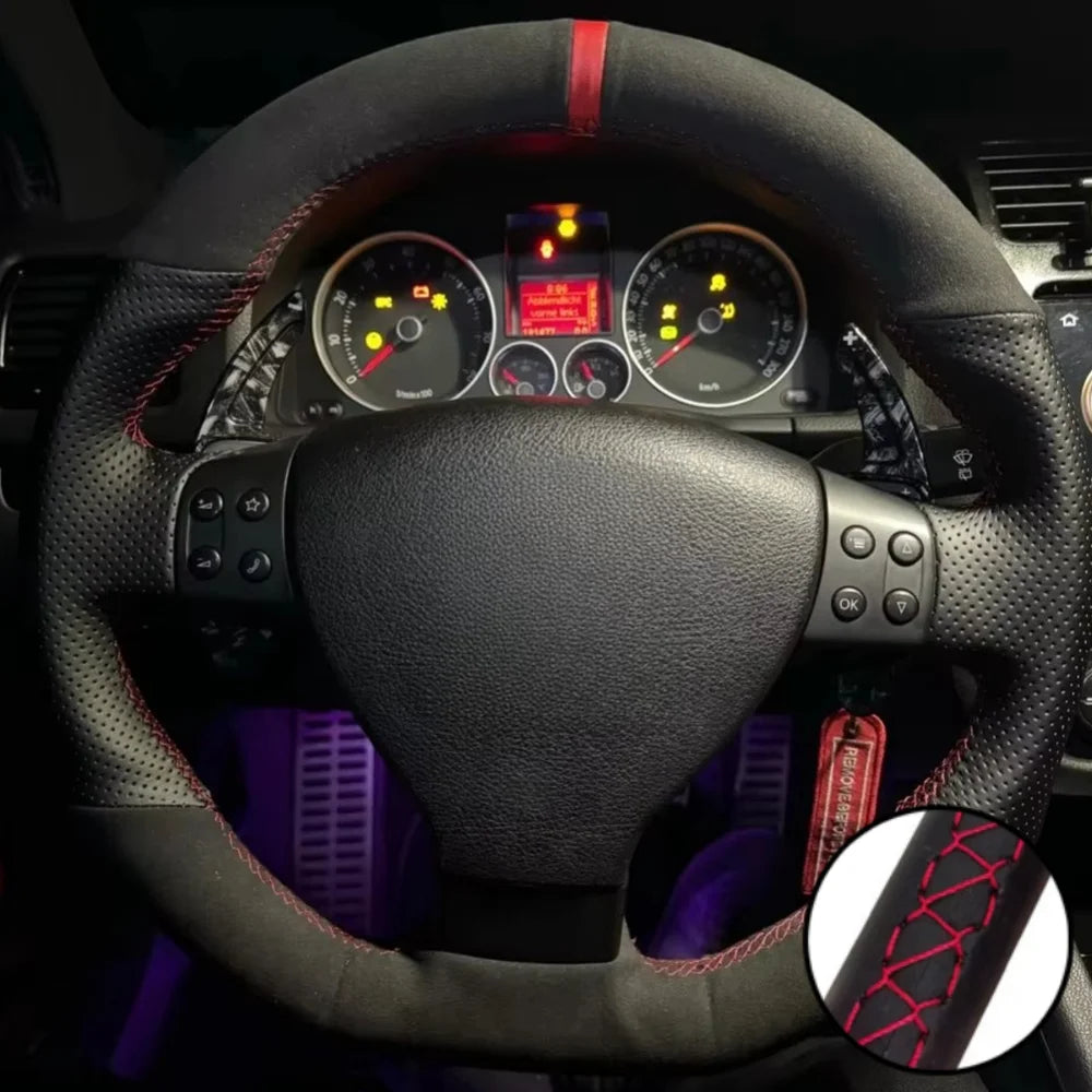 Capa de volante em camurça preta respirável, costurada à mão, para VW Golf 5 Mk5, GTI, R32, Passat R GT (2005)