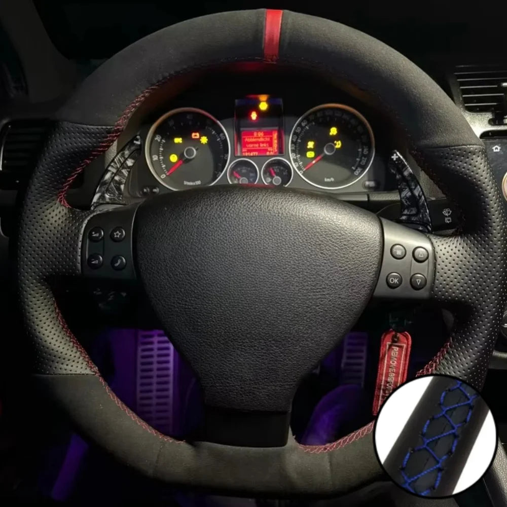 Capa de volante em camurça preta respirável, costurada à mão, para VW Golf 5 Mk5, GTI, R32, Passat R GT (2005)