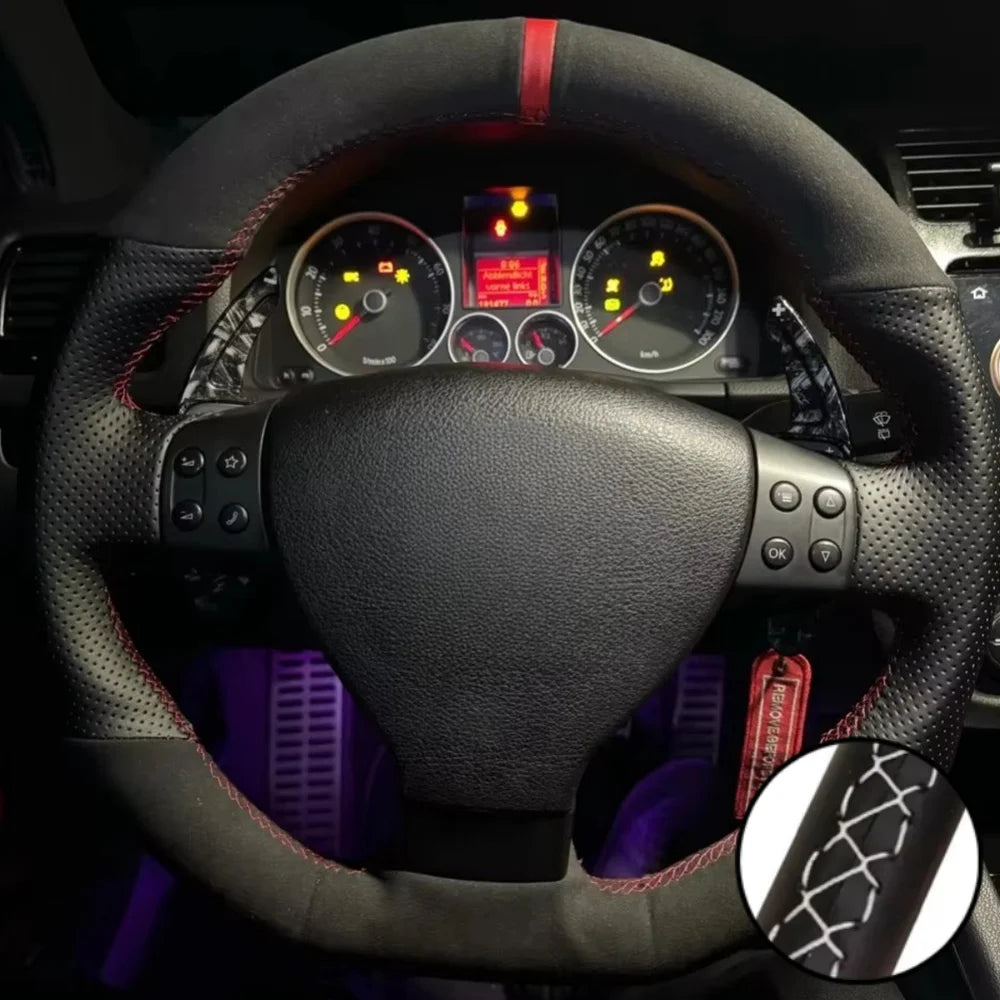Capa de volante em camurça preta respirável, costurada à mão, para VW Golf 5 Mk5, GTI, R32, Passat R GT (2005)