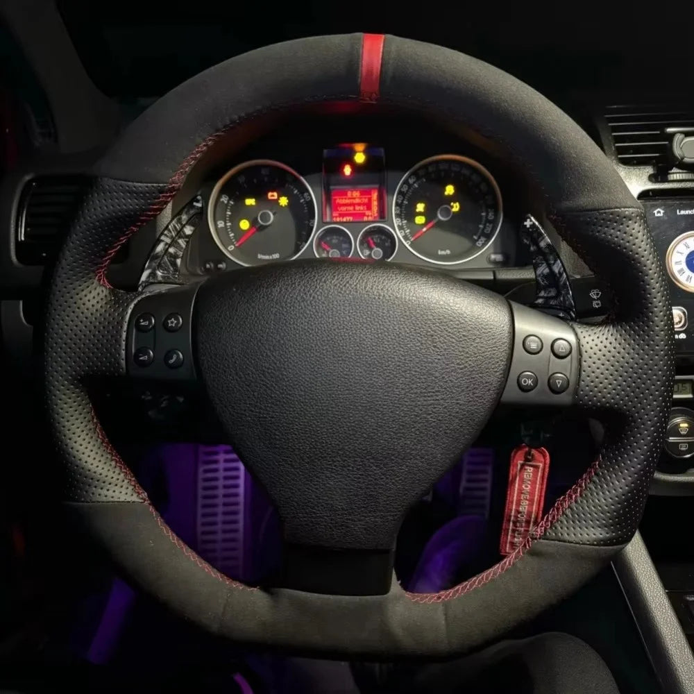 Capa de volante em camurça preta respirável, costurada à mão, para VW Golf 5 Mk5, GTI, R32, Passat R GT (2005)