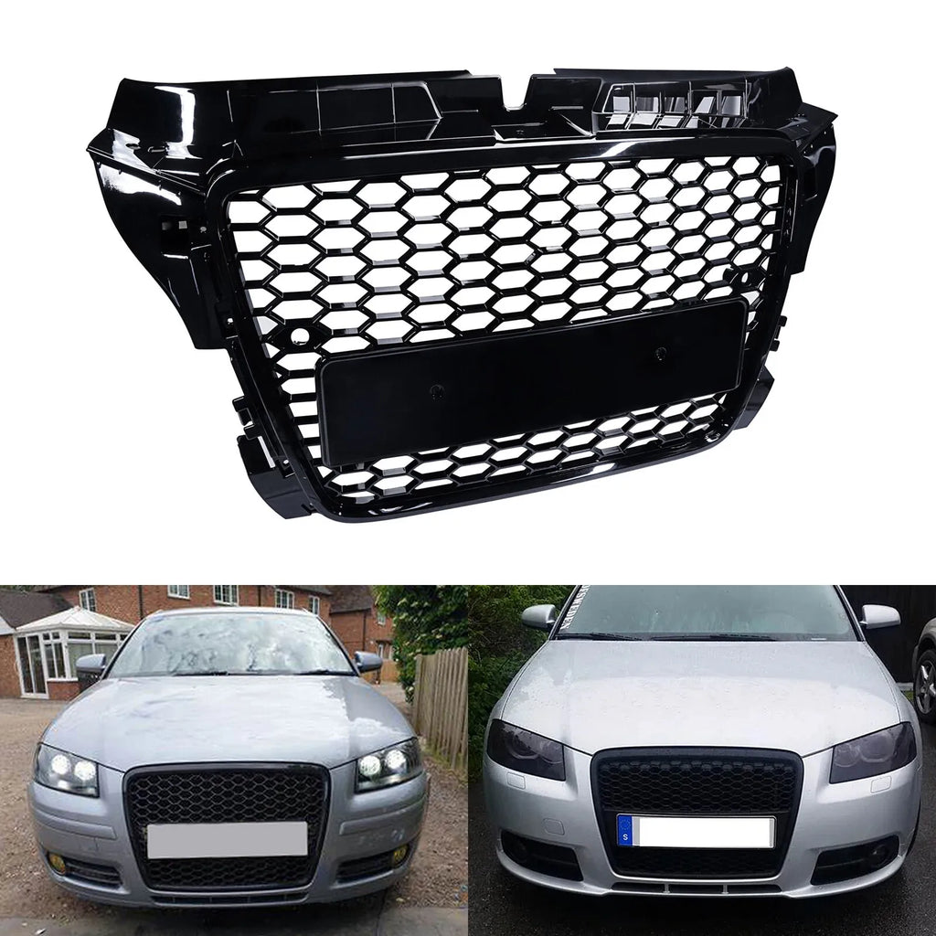 Glossy black honeycomb front bumper grille, S3 RS style, for Audi A3 8P (2008-2012)