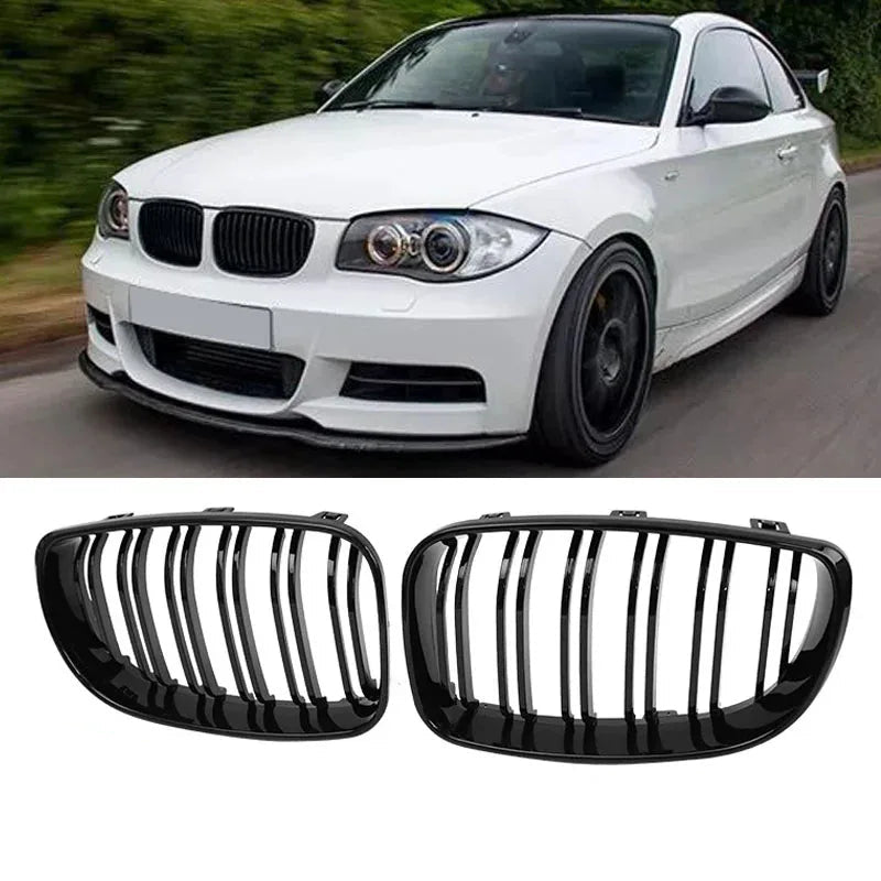 Calandre de course à doubles lamelles de rechange en noire brillante pour pare chocs avant BMW Série 1 E81 E87 2004-2011 look M (facelift), modèles 128i, 130i et 135i