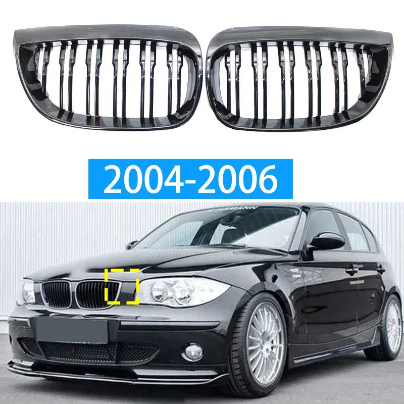 Calandre de course à doubles lamelles de rechange en noire brillante pour pare chocs avant BMW Série 1 E81 E87 2004-2011 look M (facelift), modèles 128i, 130i et 135i