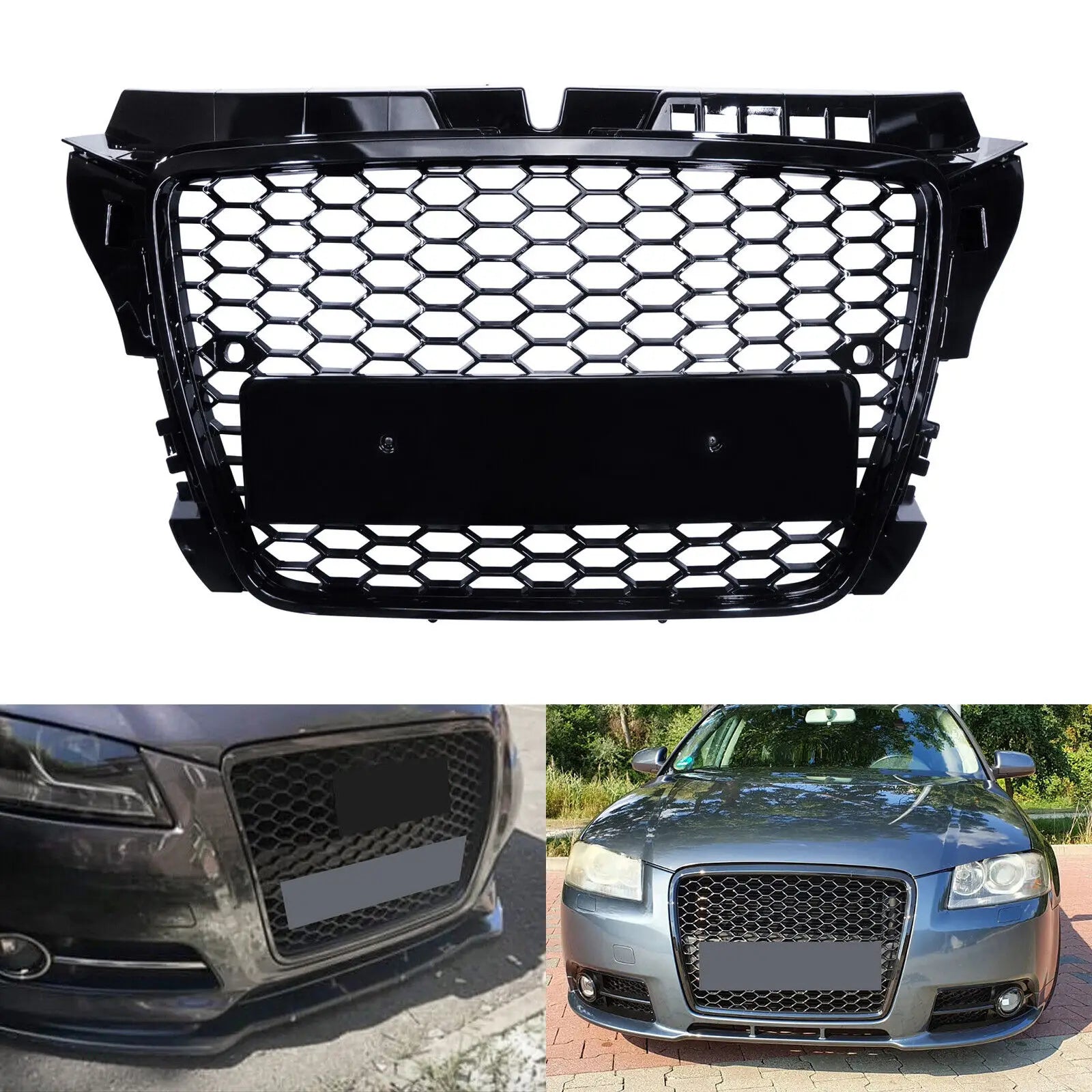 Glossy black honeycomb front bumper grille, S3 RS style, for Audi A3 8P (2008-2012)