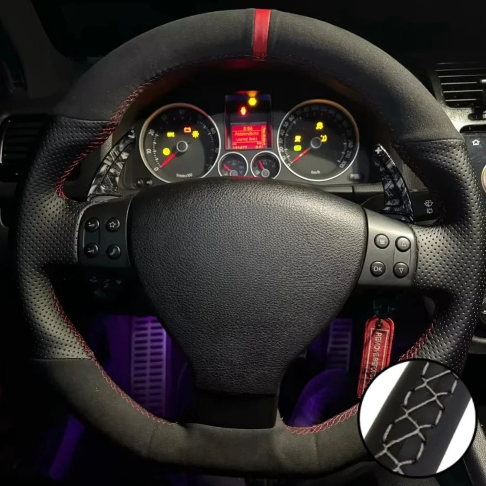 Capa de volante em camurça preta respirável, costurada à mão, para VW Golf 5 Mk5, GTI, R32, Passat R GT (2005)