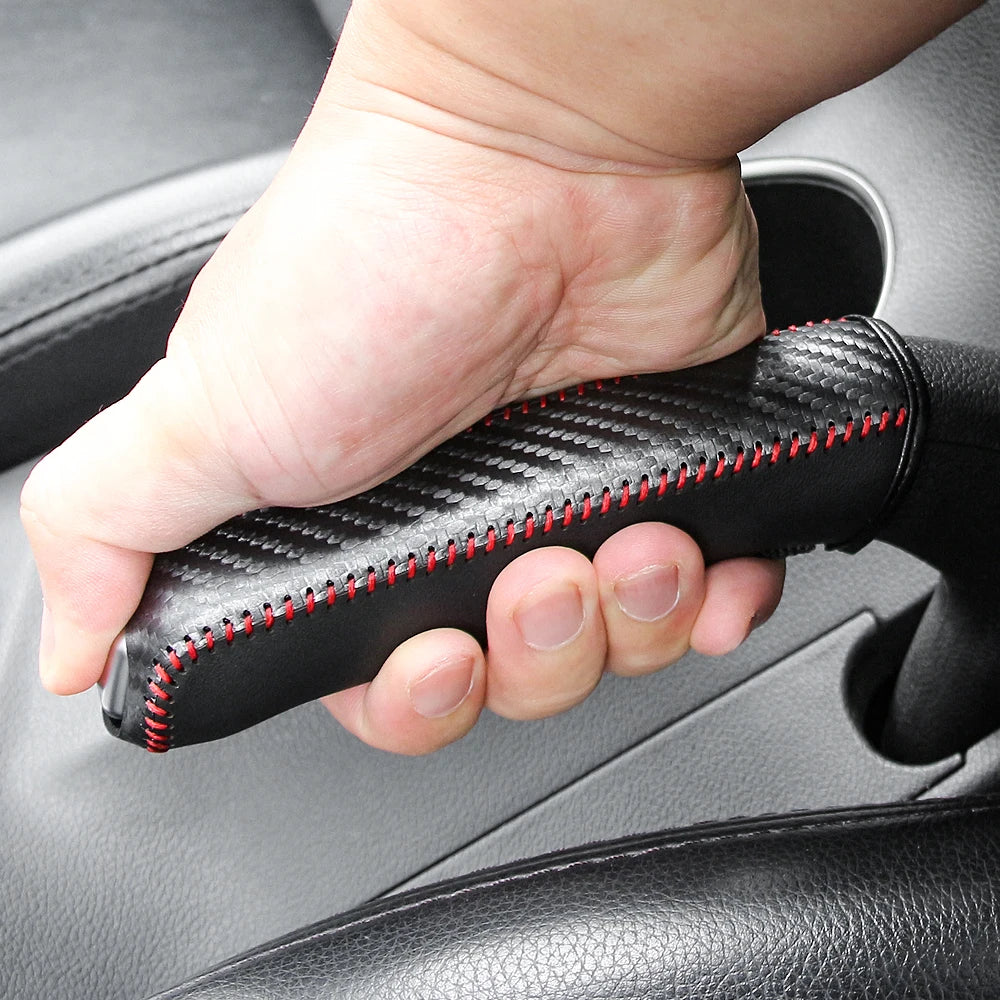 Carbon fiber protective cover for leather handbrake lever for Audi, BMW, Renault, Peugeot, Citroen, Alfa Romeo, Fiat, Ford, Honda, Hyundai, Mazda, Mercedes, Mini, Mitsubishi, Nissan, Opel, Porsche