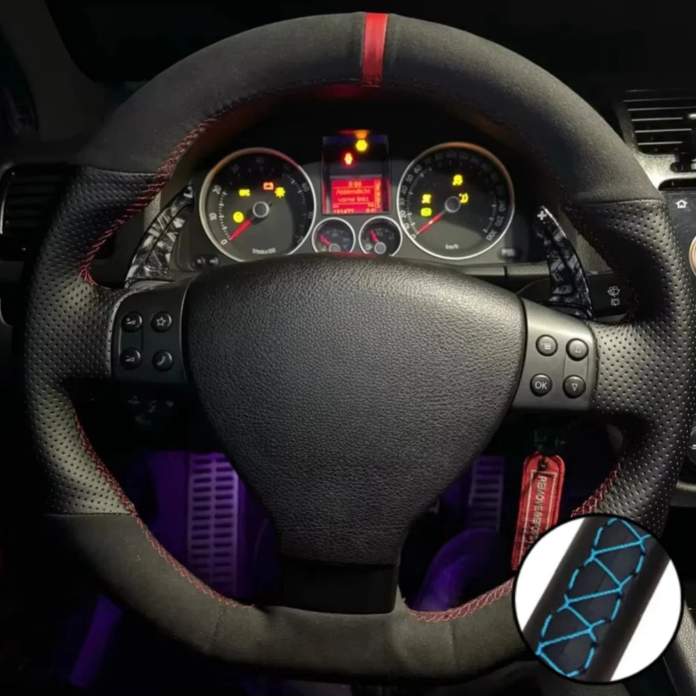 Capa de volante em camurça preta respirável, costurada à mão, para VW Golf 5 Mk5, GTI, R32, Passat R GT (2005)
