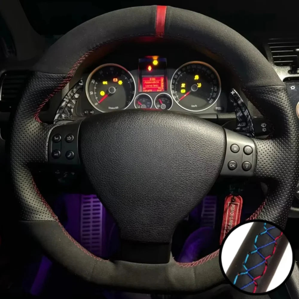 Capa de volante em camurça preta respirável, costurada à mão, para VW Golf 5 Mk5, GTI, R32, Passat R GT (2005)