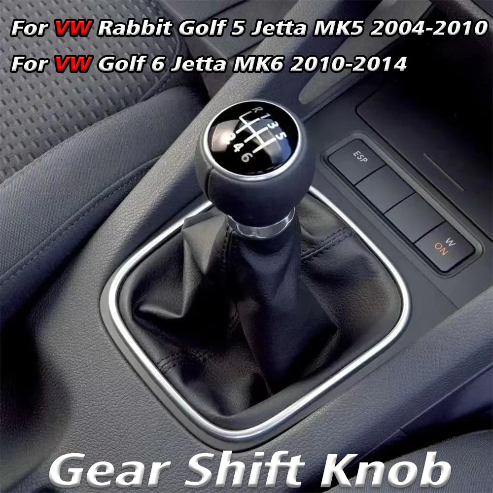 Gear shift knob with 5/6 speeds and leather sleeve for Volkswagen VW Golf 5, V, MK5, MK6, Jetta, R32 (2004-2014)