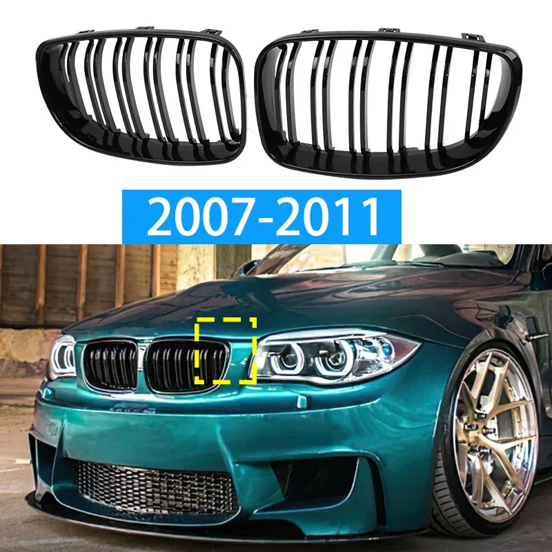 Replacement double slat racing grille in glossy black for front bumper BMW Series 1 E81 E87 2004-2011 M look (facelift), models 128i, 130i and 135i