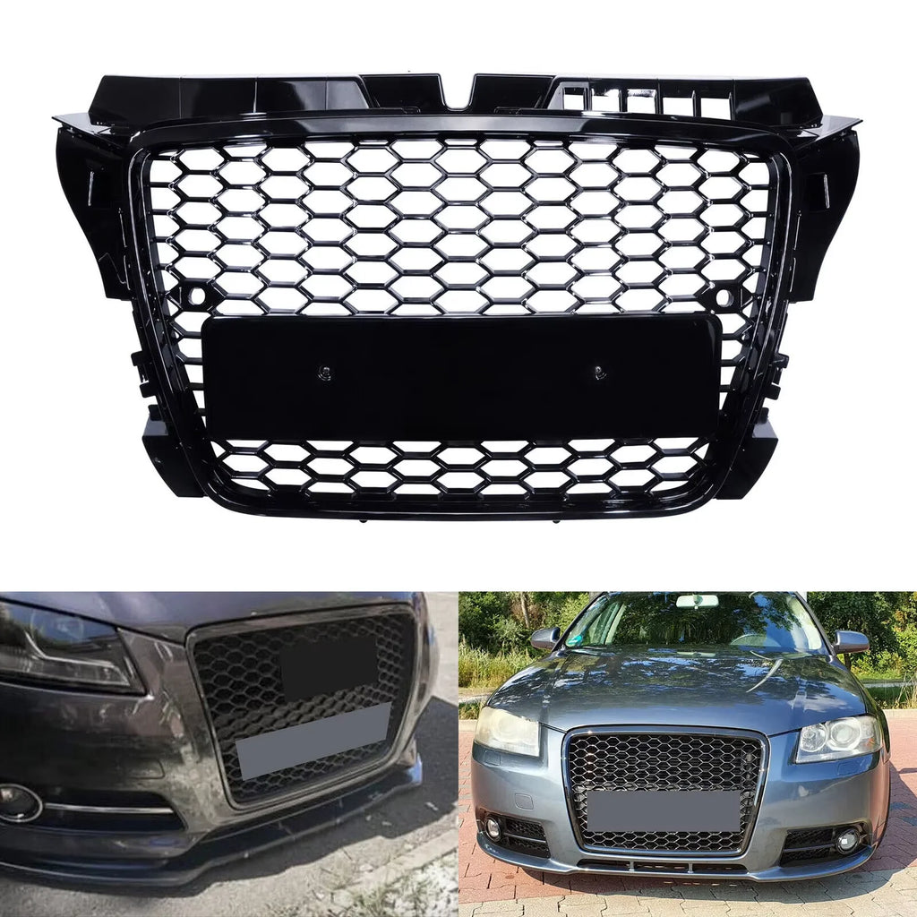 Glossy black honeycomb front bumper grille, S3 RS style, for Audi A3 8P (2008-2012)