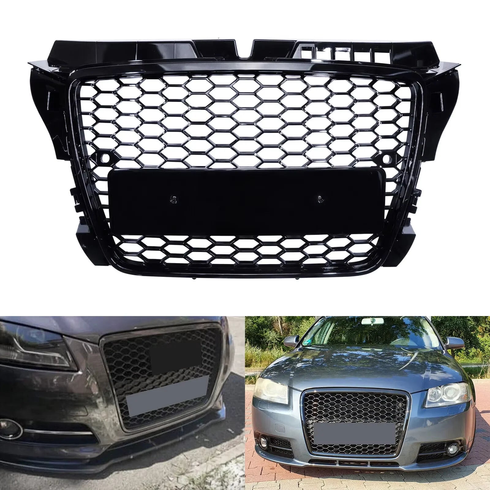 Glossy black honeycomb front bumper grille, S3 RS style, for Audi A3 8P (2008-2012)