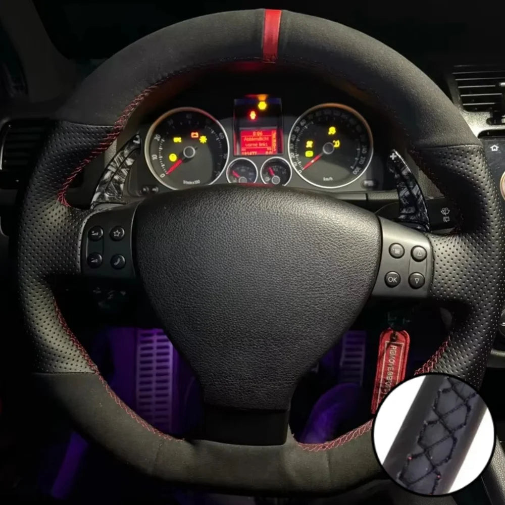 Capa de volante em camurça preta respirável, costurada à mão, para VW Golf 5 Mk5, GTI, R32, Passat R GT (2005)